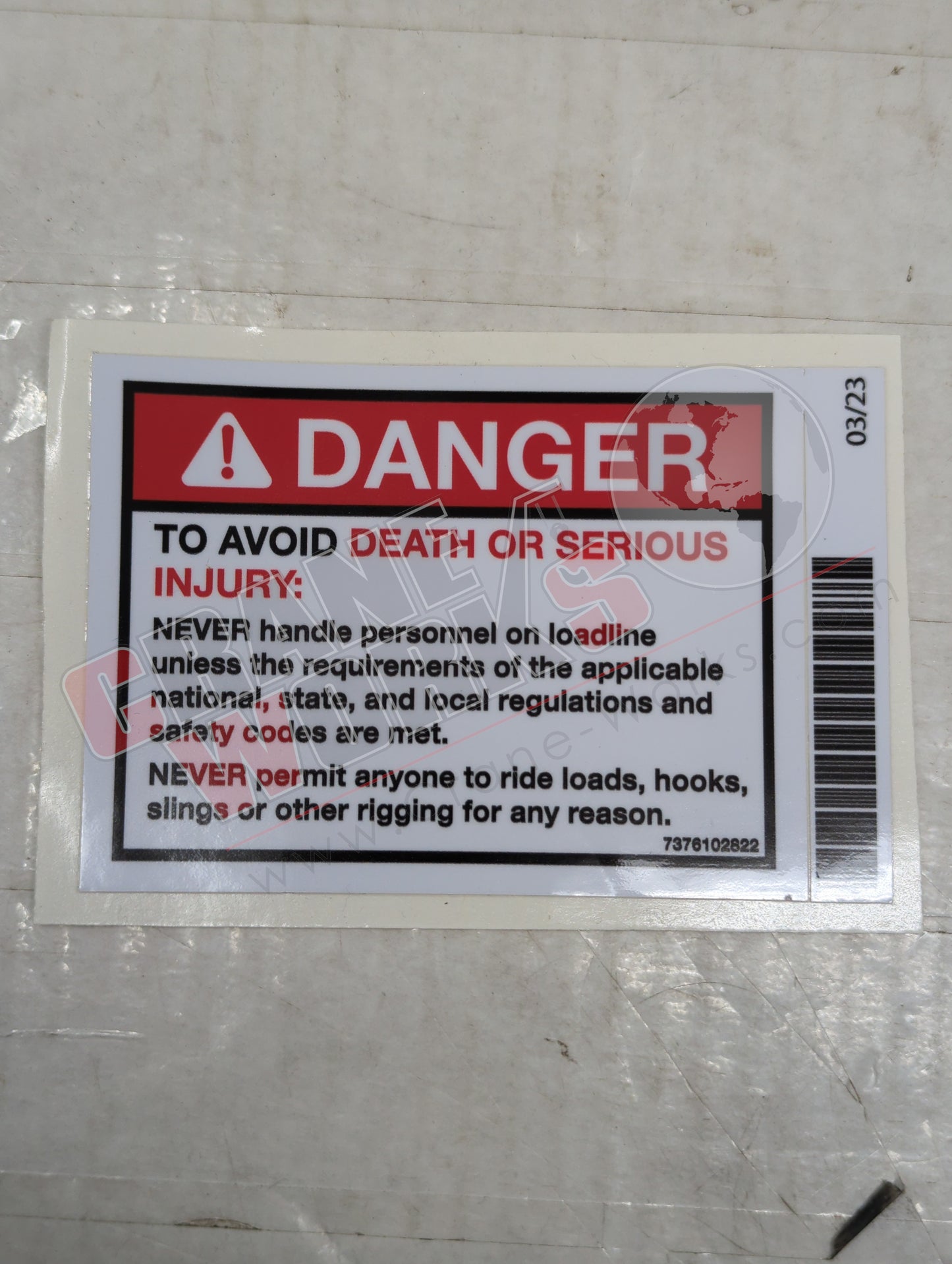 7376102822 | New Decal - Danger - Hoist