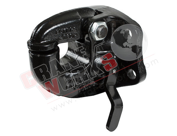 Picture of PH45 pintle hook coupler, front 45 degree angle showing release handle, clamp is closed.