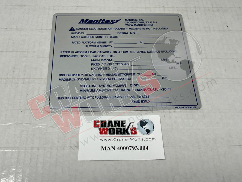 Picture of MAN 4000793.004 NEW SERIAL PLATE FOR CRANE/BASKET