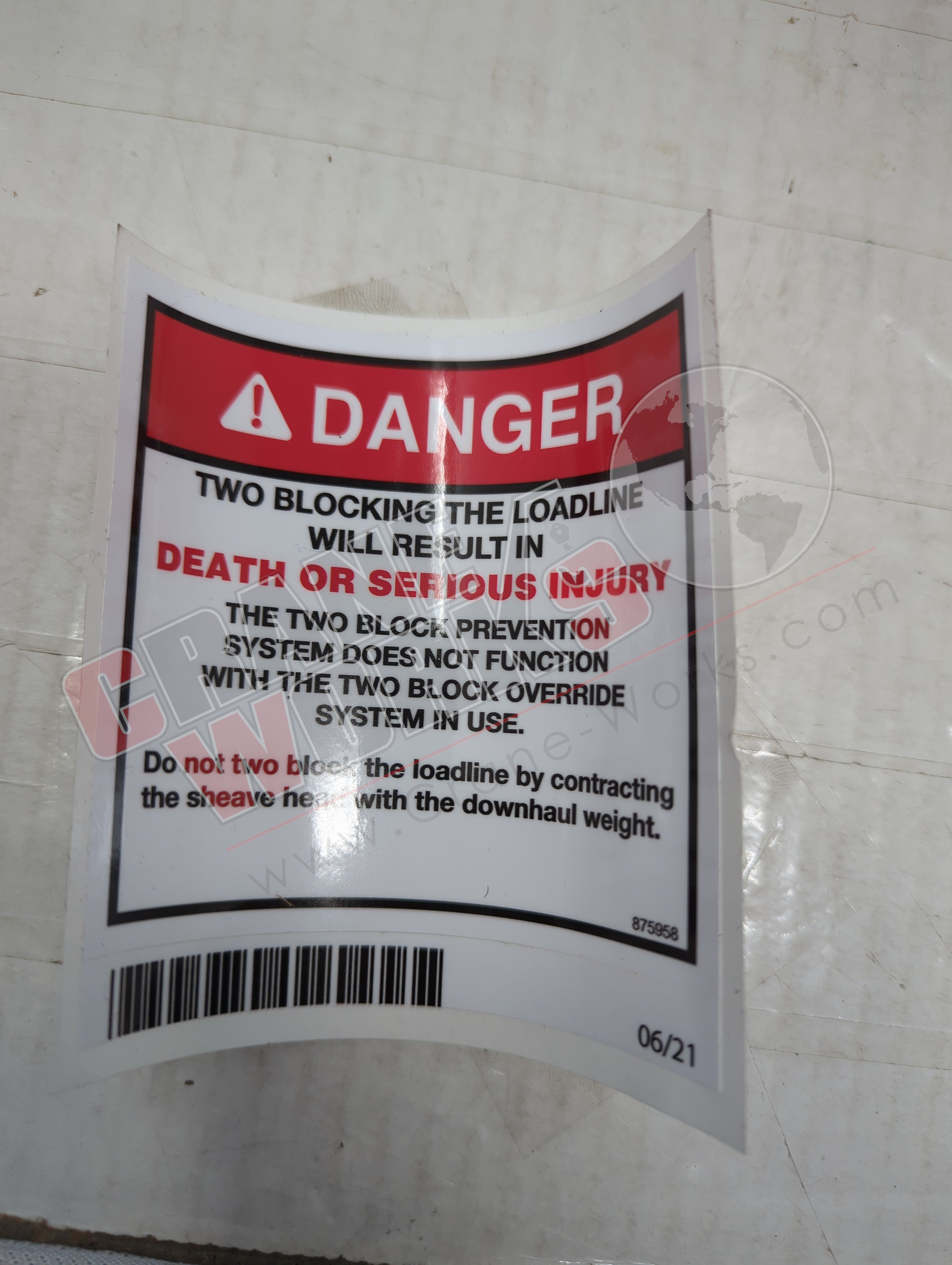 875958 | New Decal - Danger A2B Override Haz – CraneWorks