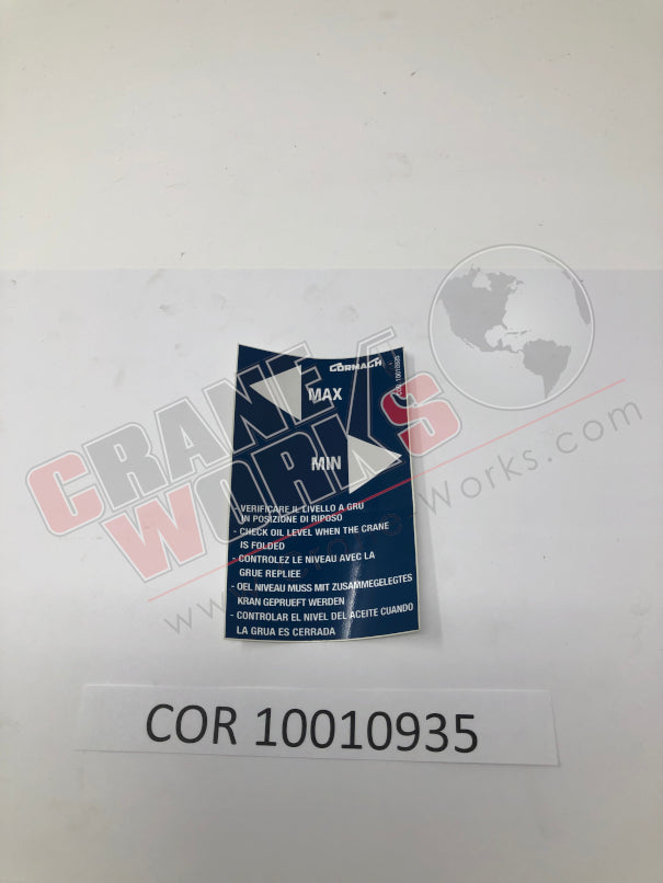 Picture of COR 10010935 NEW MAX / MIN OIL LEVEL PLATE/STICKER