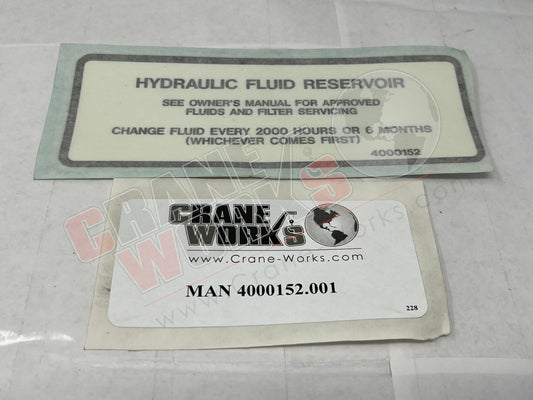 Picture of 4000152.001, DECAL, HYDRAULIC OIL